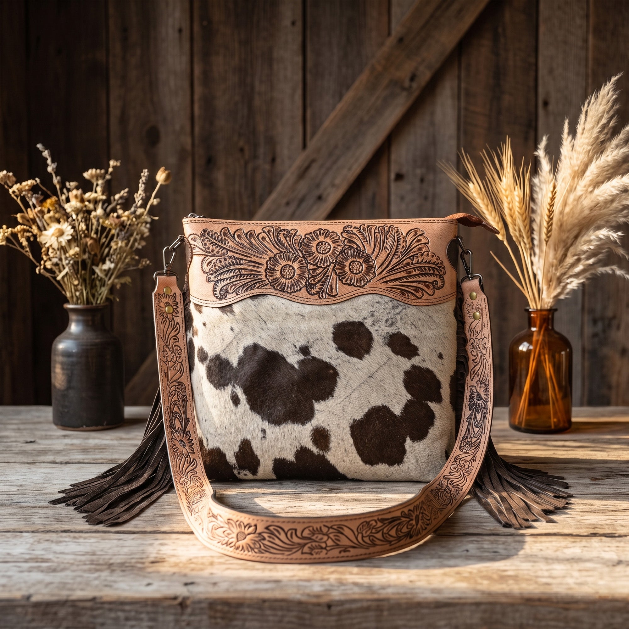 Crimson Handtooled Cowhide Shoulder Bag