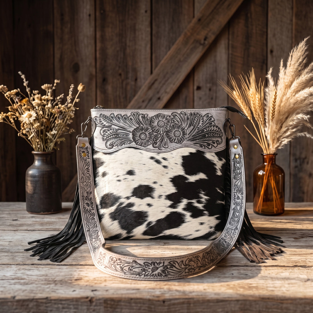 Crimson Handtooled Cowhide Shoulder Bag