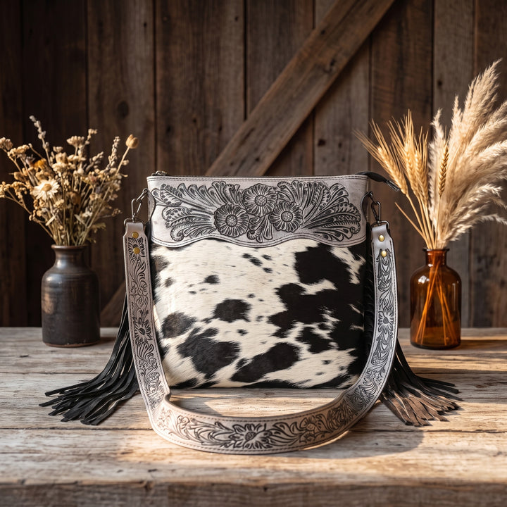 Crimson Handtooled Cowhide Shoulder Bag