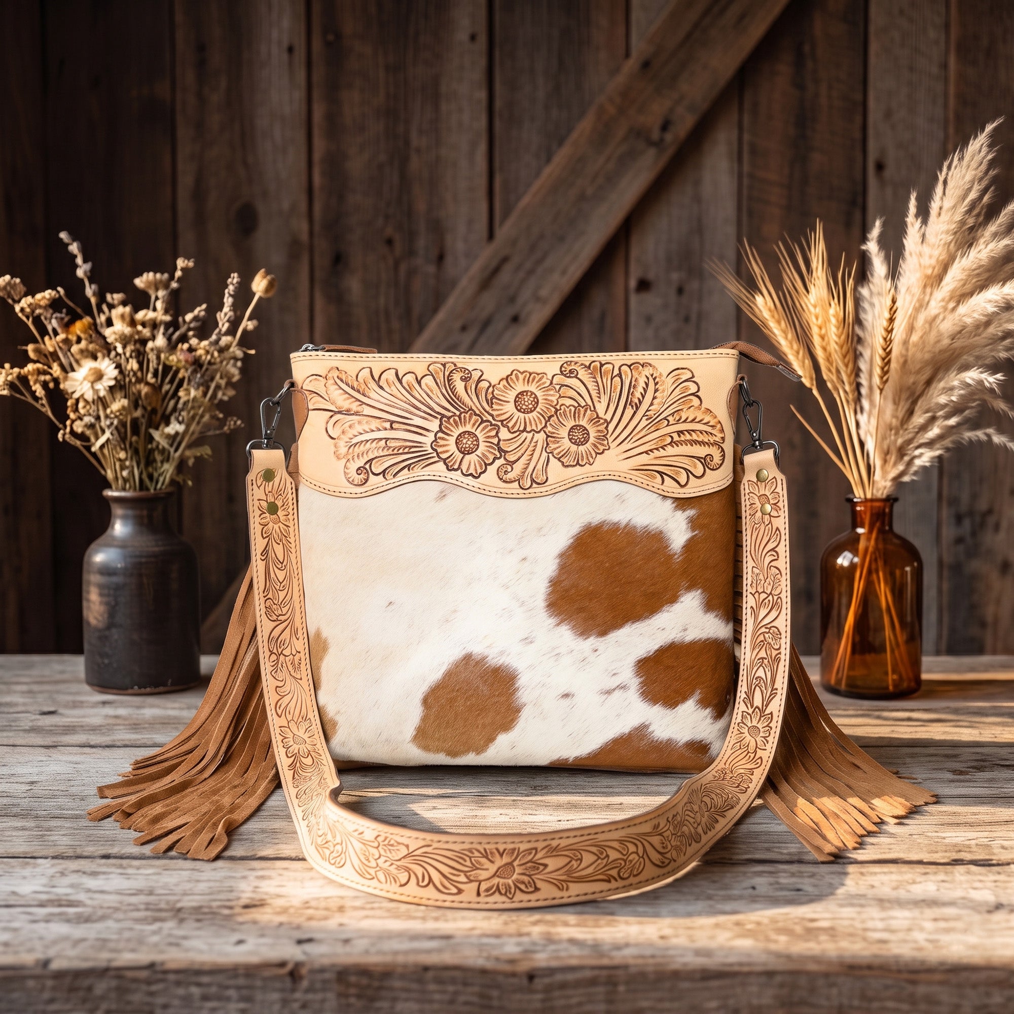 Crimson Handtooled Cowhide Shoulder Bag