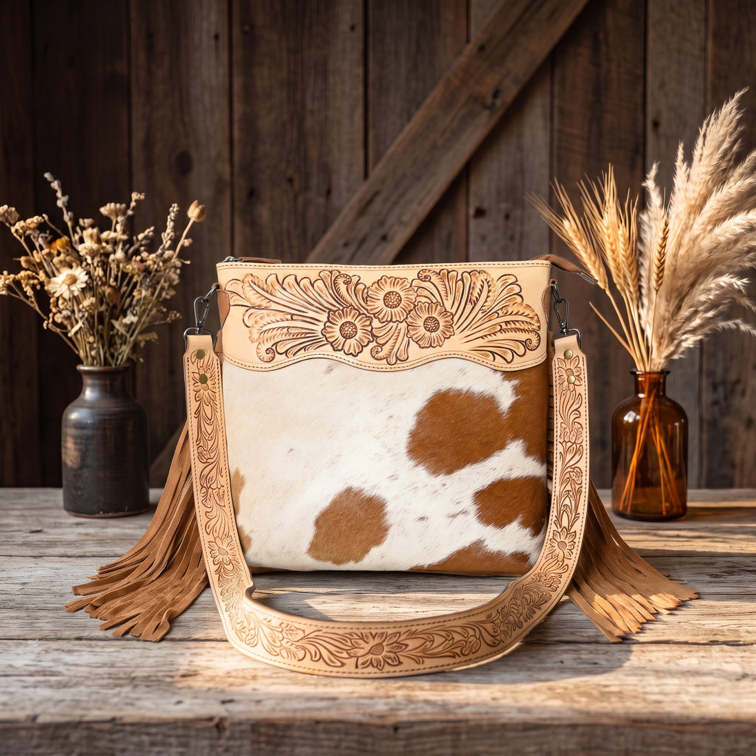 Crimson Handtooled Cowhide Shoulder Bag