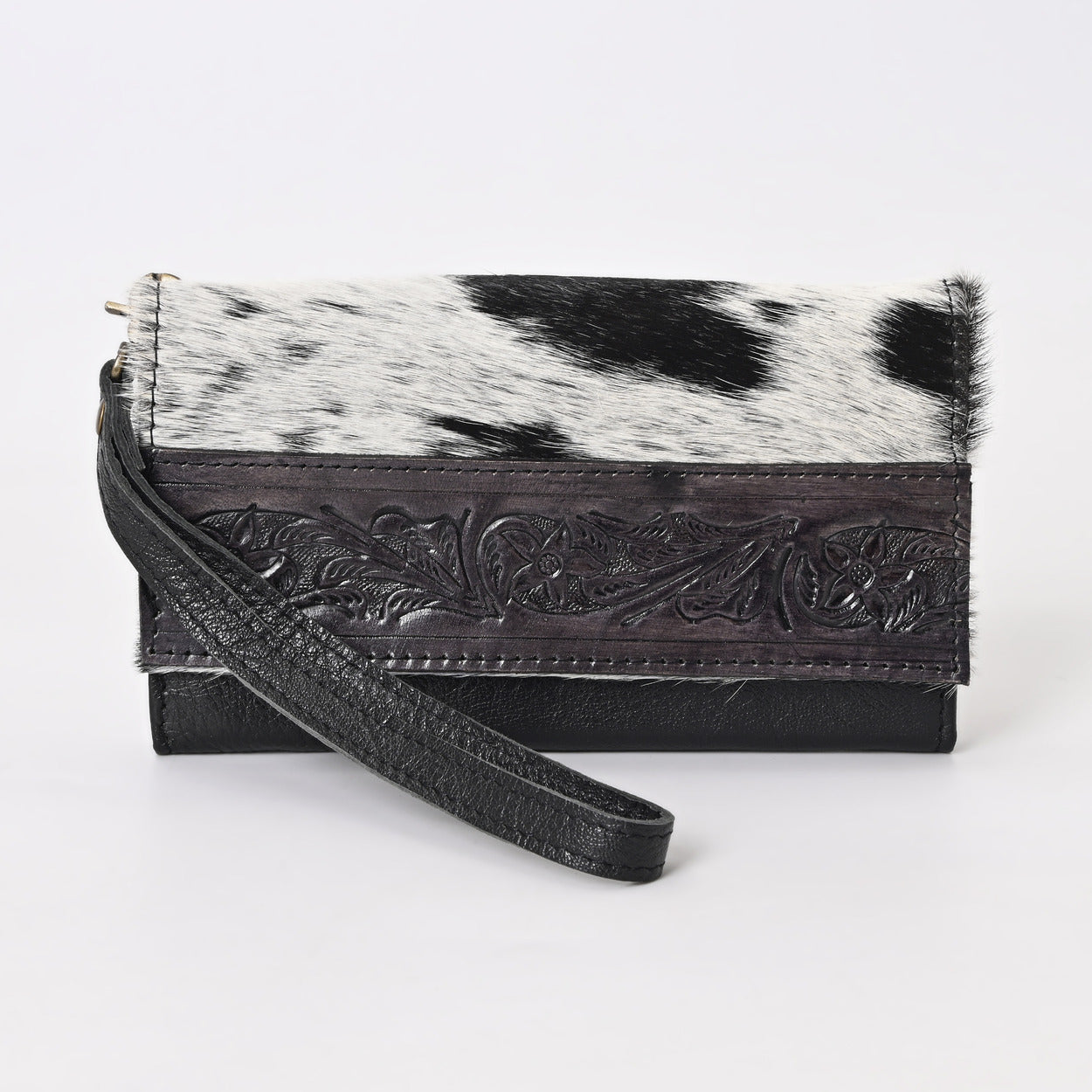 Nester Cowhide Tooled Trifold Wallet Black