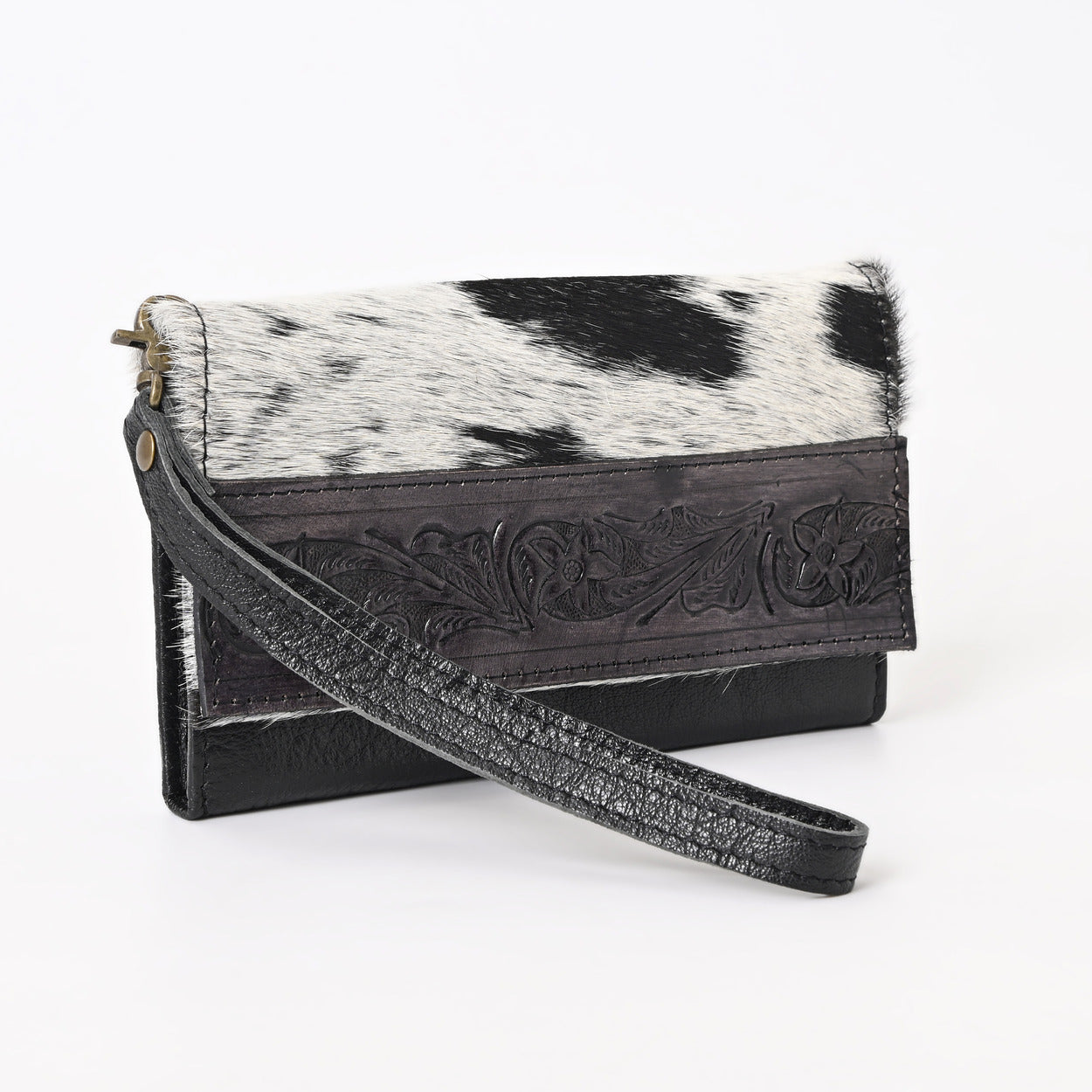 Nester Cowhide Tooled Trifold Wallet Black
