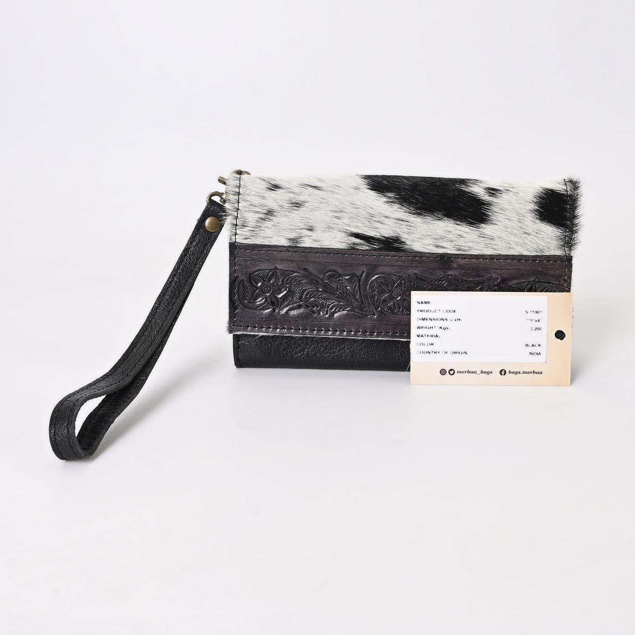 Nester Cowhide Tooled Trifold Wallet Black