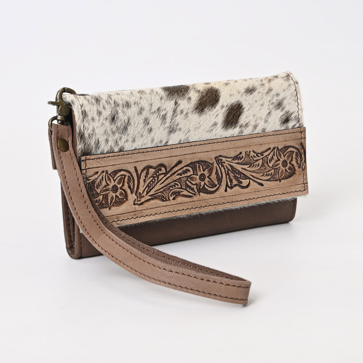 Nester Cowhide Tooled Trifold Wallet Brown