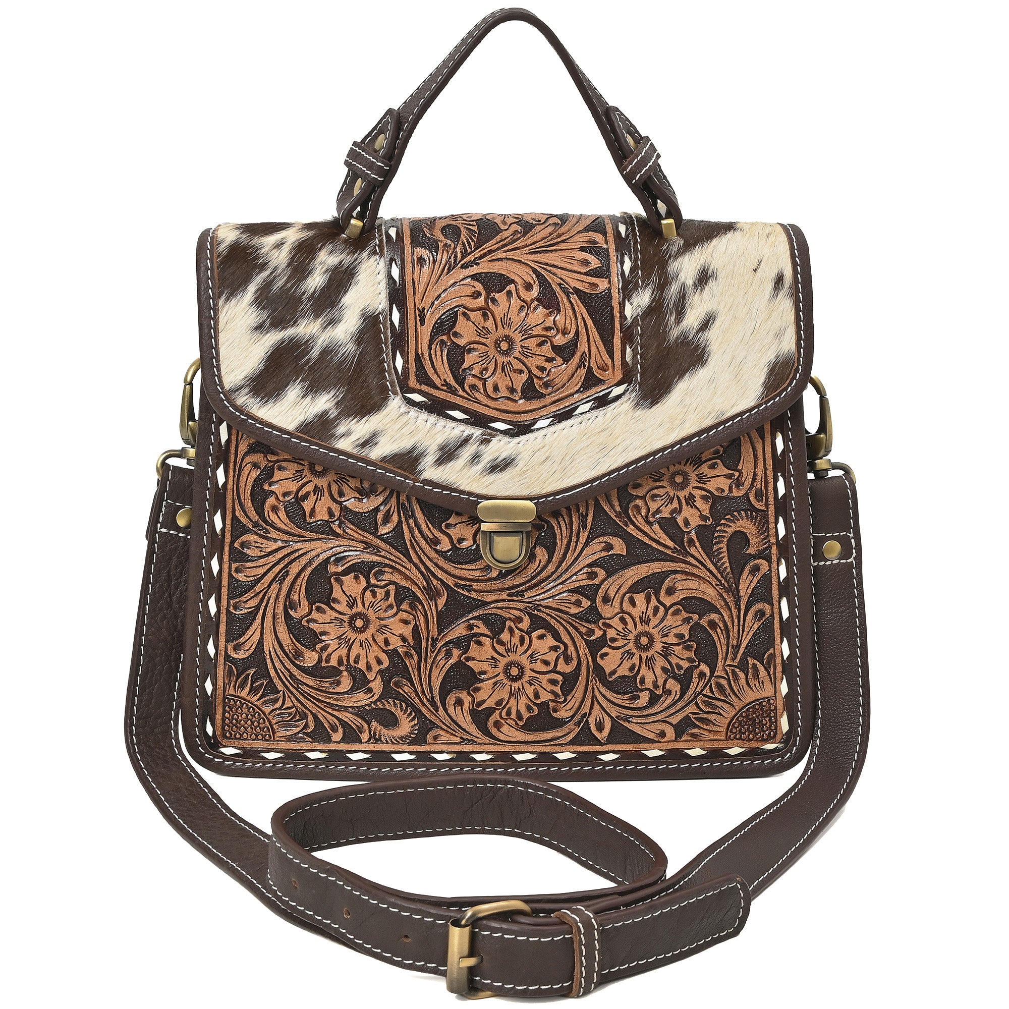 Cowhide Floral Ranger Leather Bag – Western Tooled Handbag with Crossbody Strap