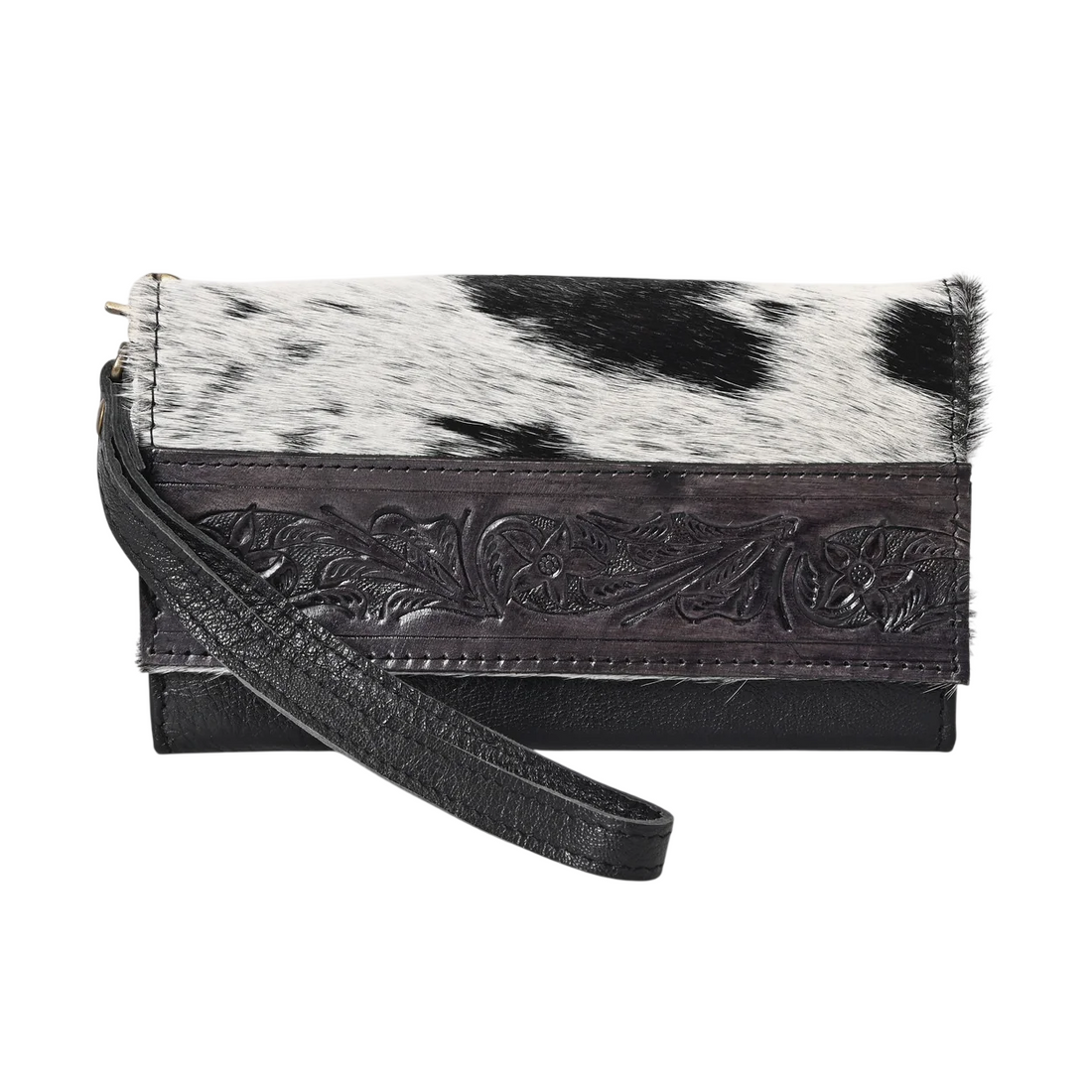 Nester Cowhide Tooled Trifold Wallet Black