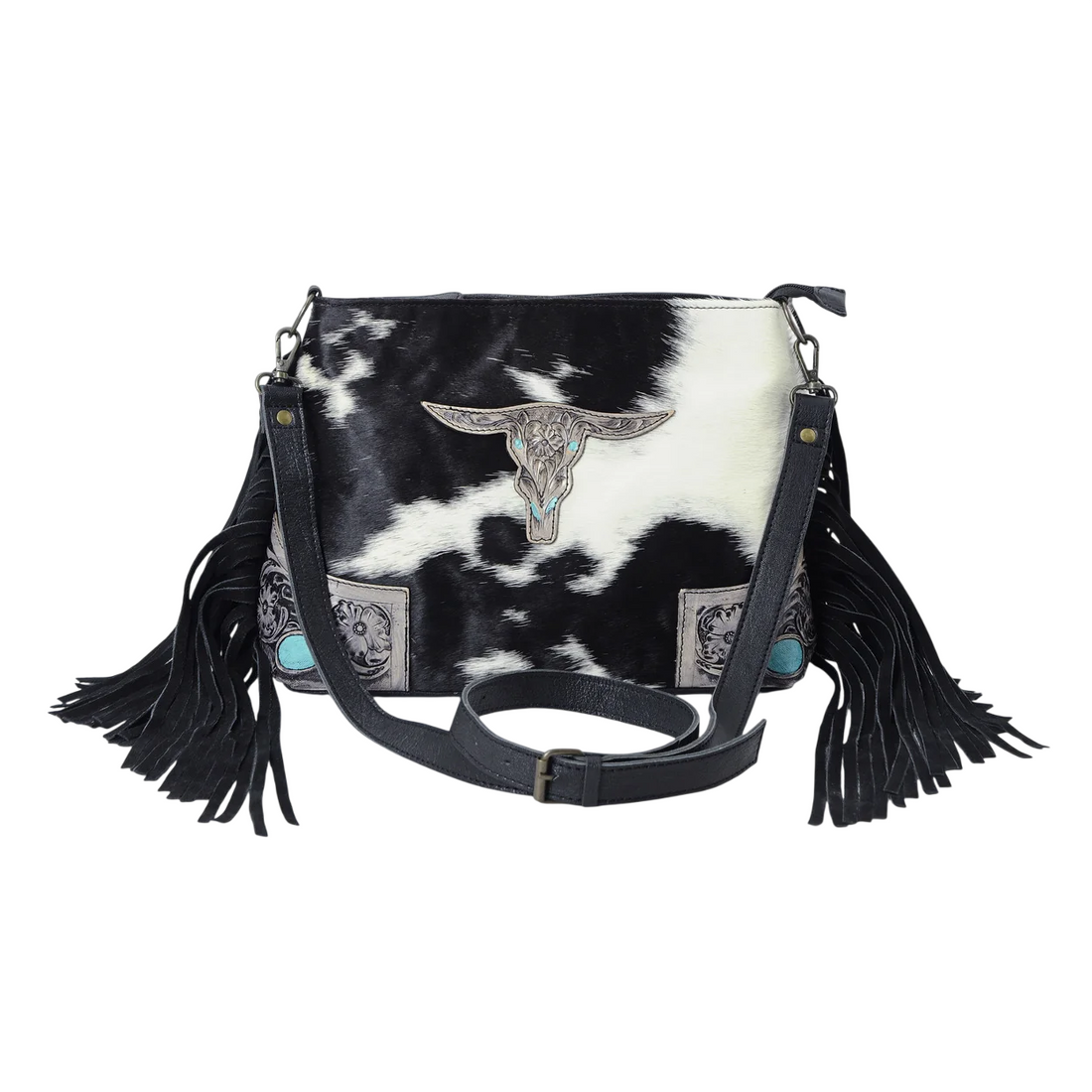 Bull's Eye Fringed Western Cowhide Leather Bag