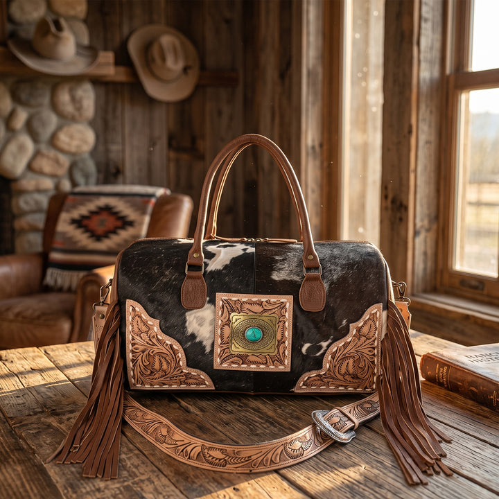 Light Brown Azetic Concho Cowhide Hairon Leather Duffle