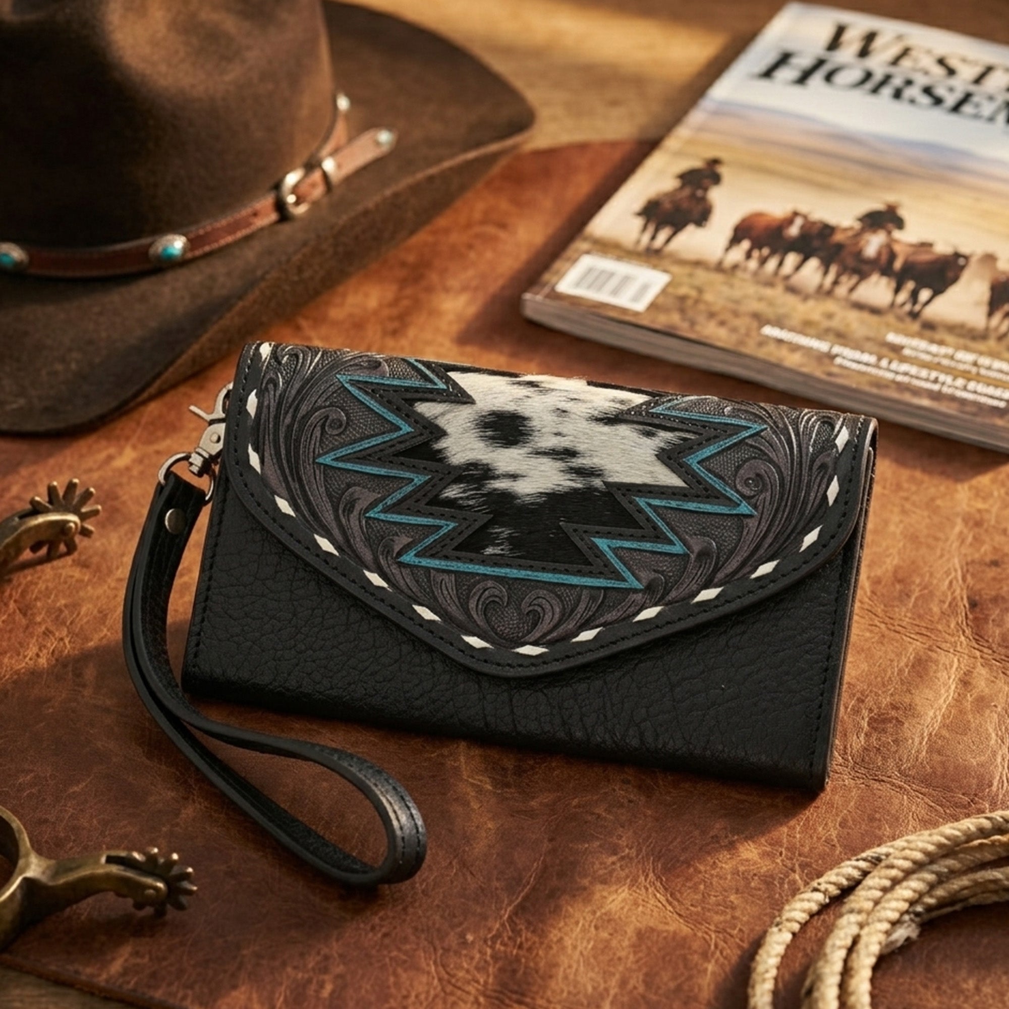 Cowgirl Tooled Leather Wristlet Wallet – Western Cowhide Clutch with Strap