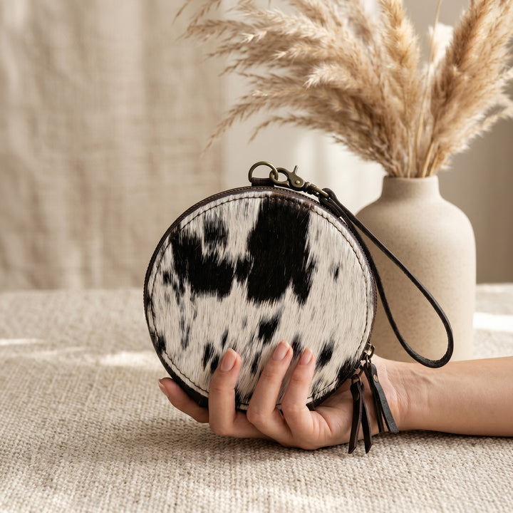 Hair-On Cowhide Round Wristlet Wallet – Western Leather Zipper Pouch with Strap & Tassel