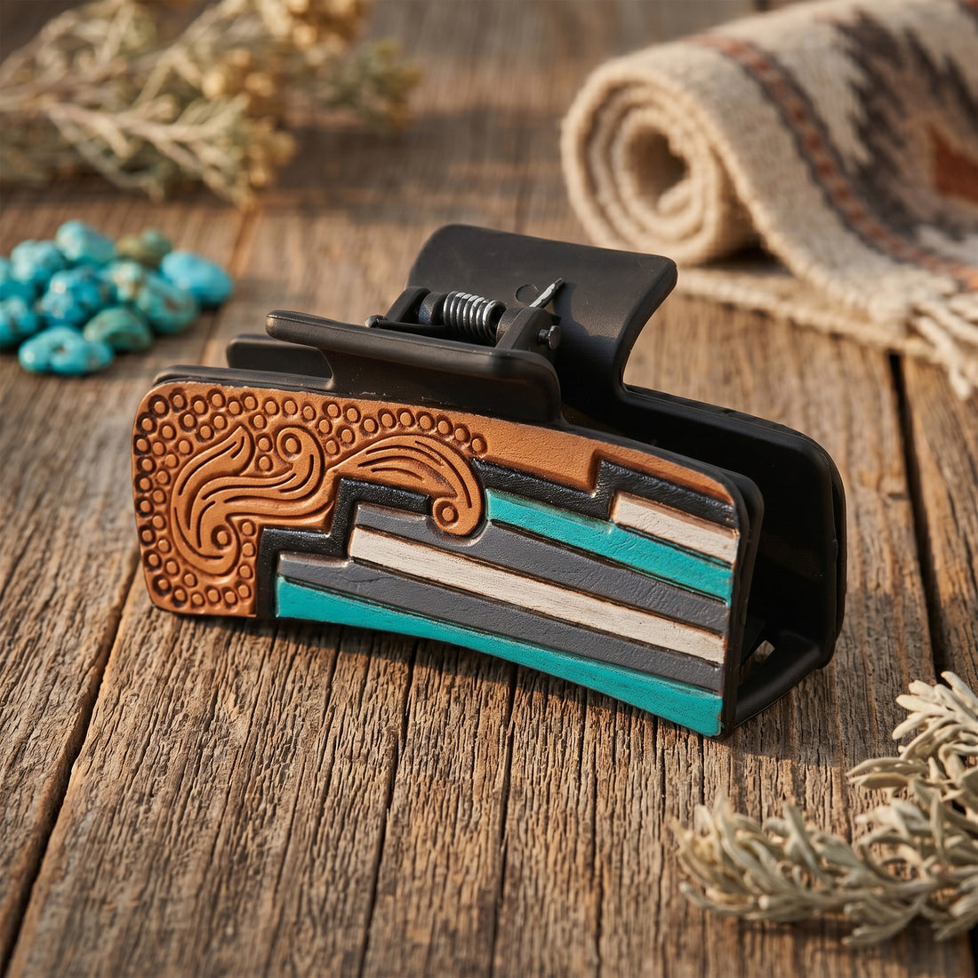 Western Stripe Hair Claw Clip – Turquoise Accent Strong Hold Hair Clamp