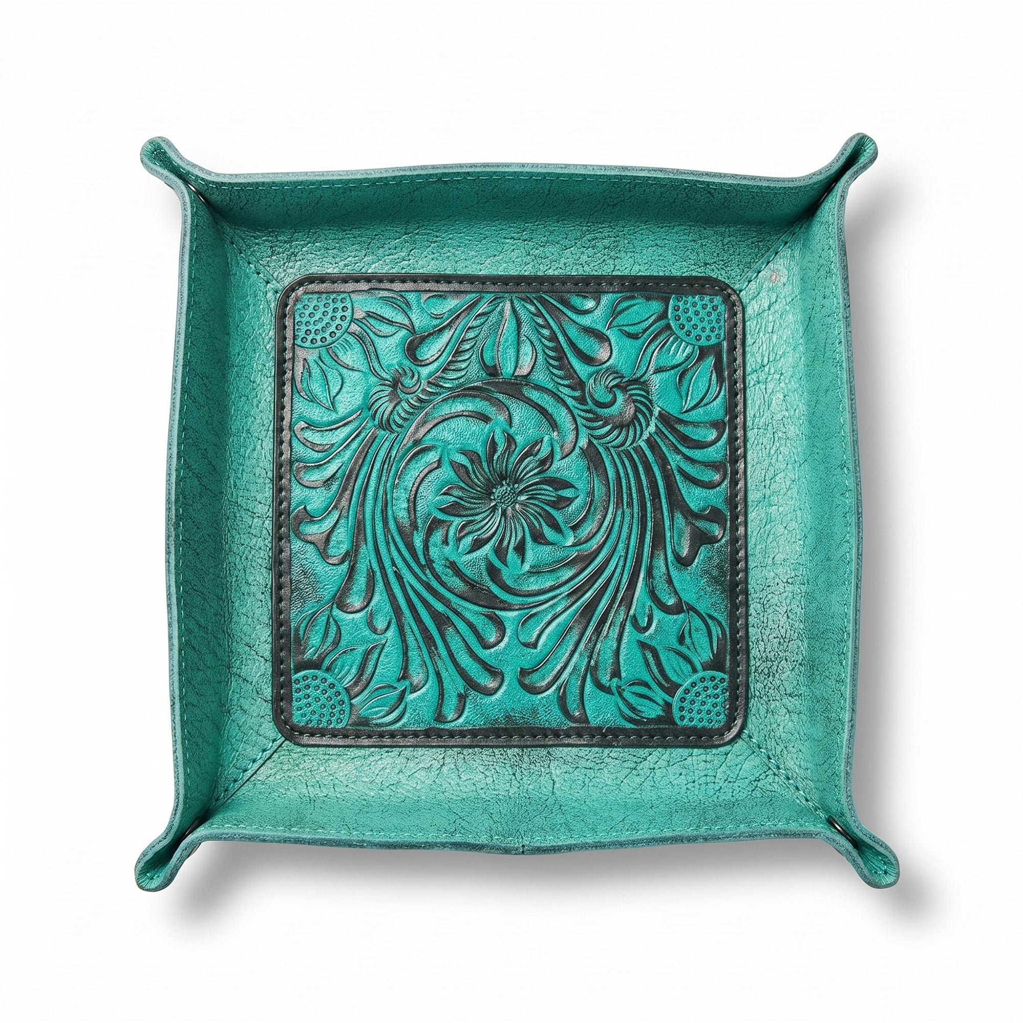 andcrafted Tooled Leather Catchall Tray – Turquoise Western Floral Organizer (6x6)