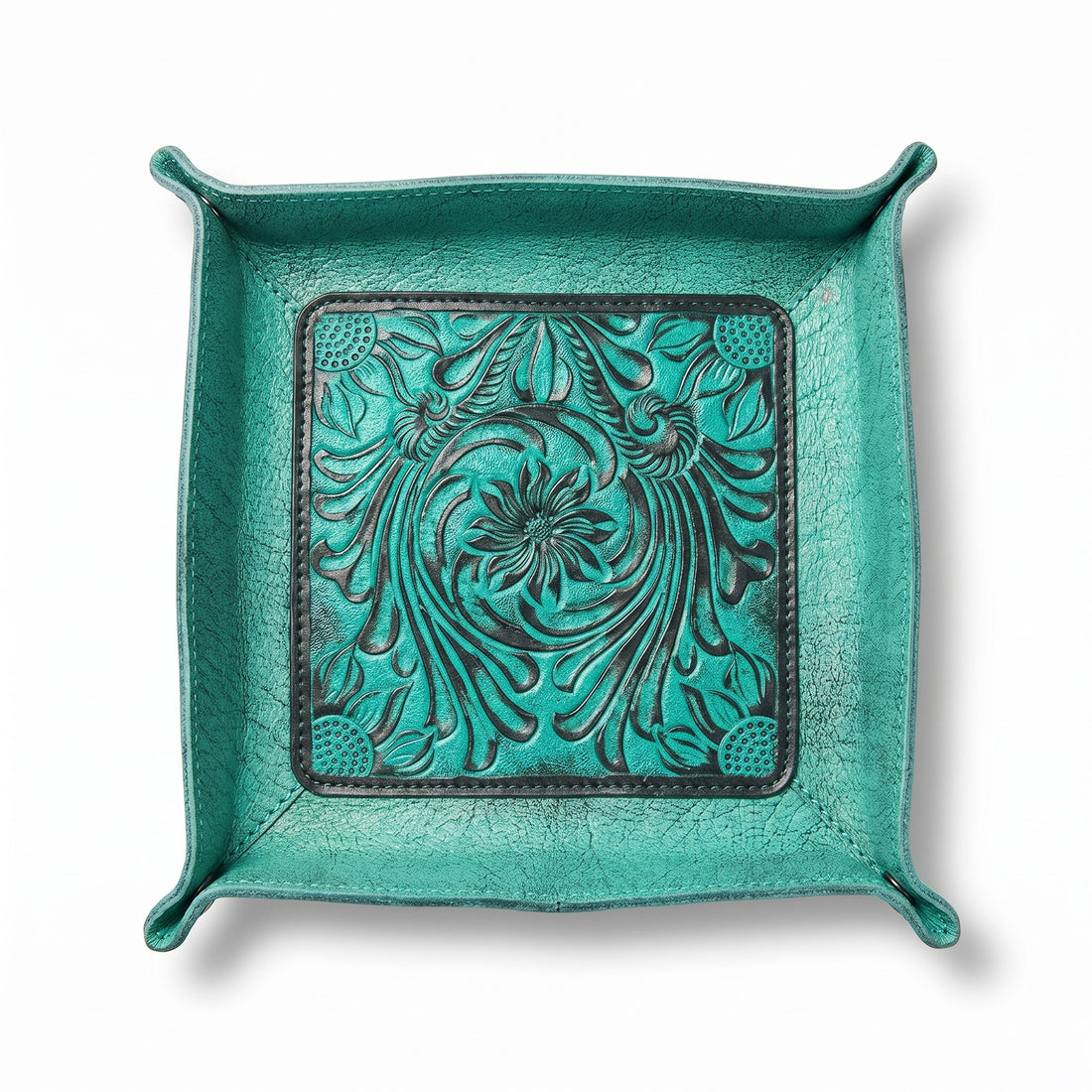 andcrafted Tooled Leather Catchall Tray – Turquoise Western Floral Organizer (6x6)