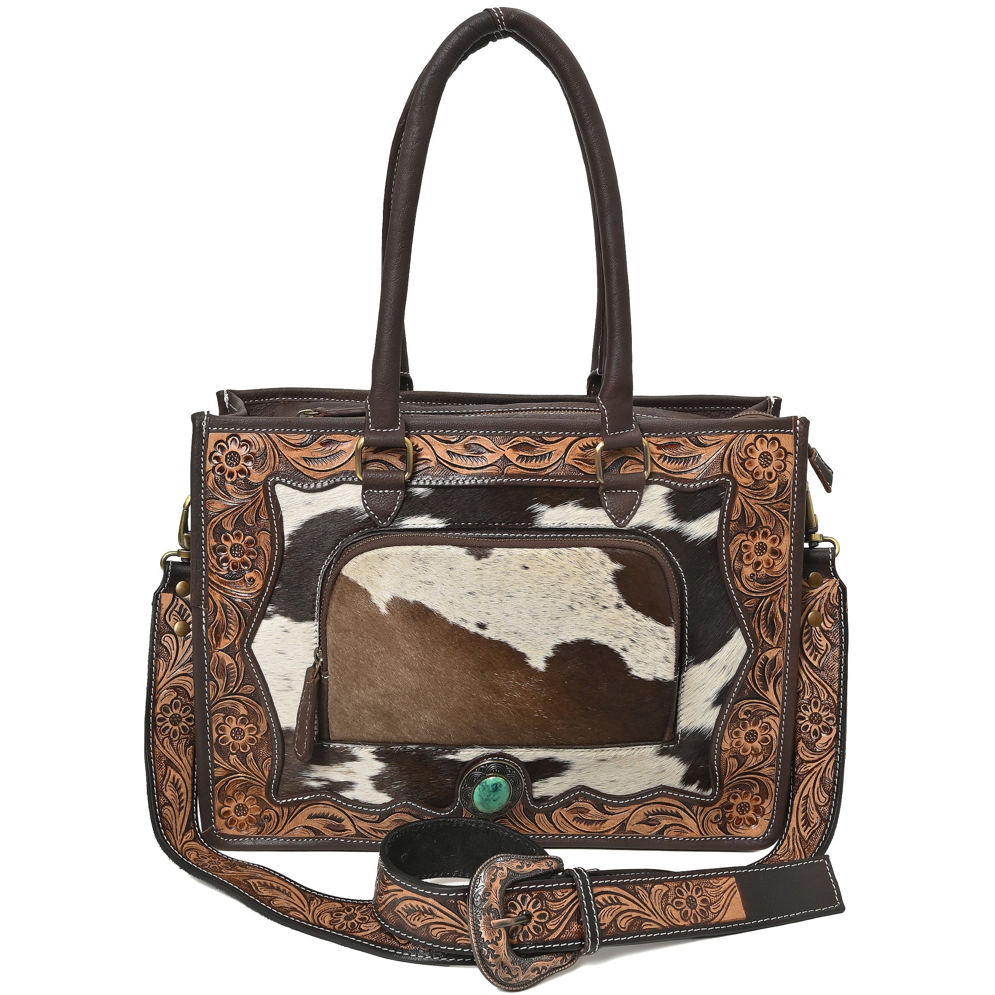 Desert Bloom Western Leather Tote Bag – Cowhide Floral Tooled Handbag with Strap