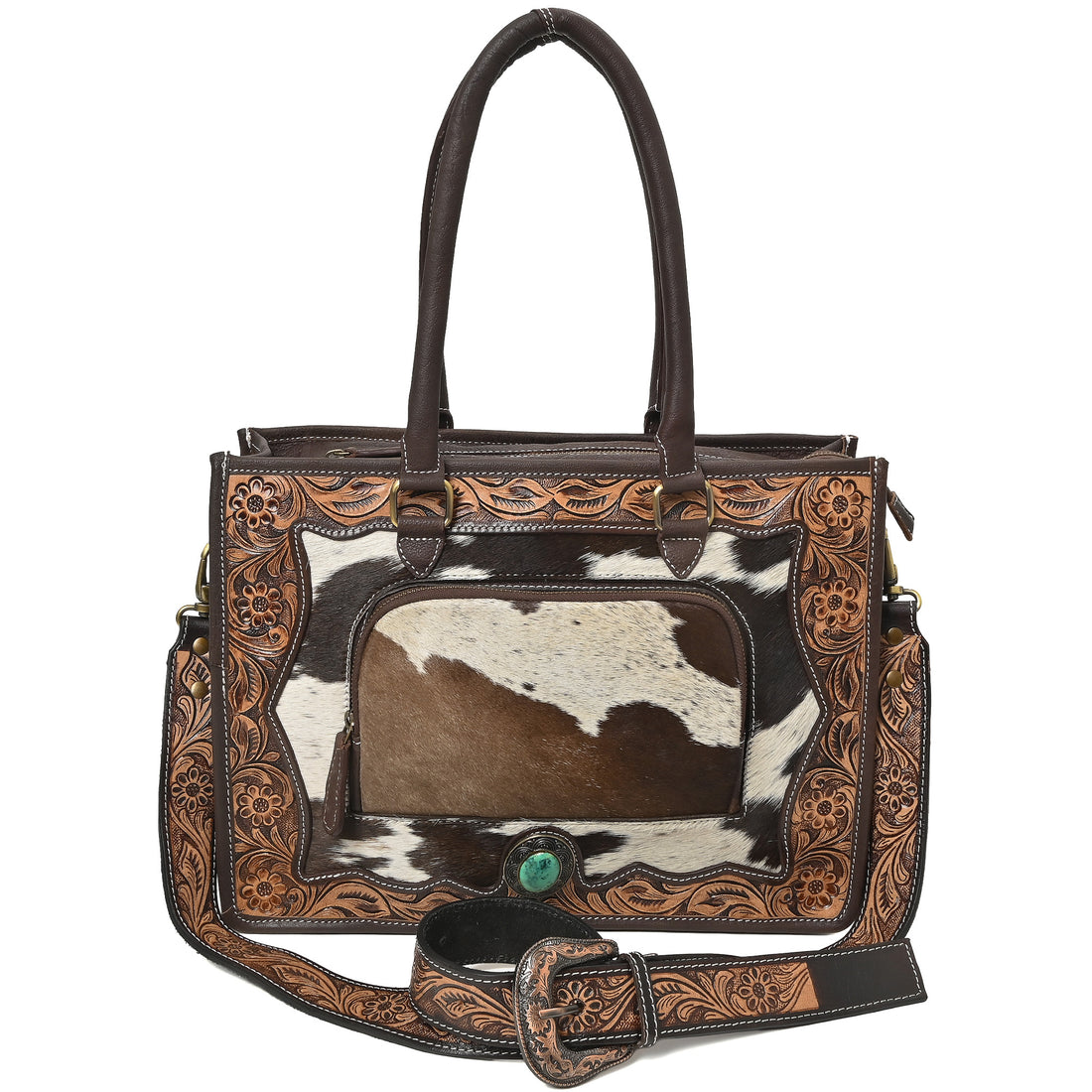 Desert Bloom Western Leather Tote Bag – Cowhide Floral Tooled Handbag with Strap