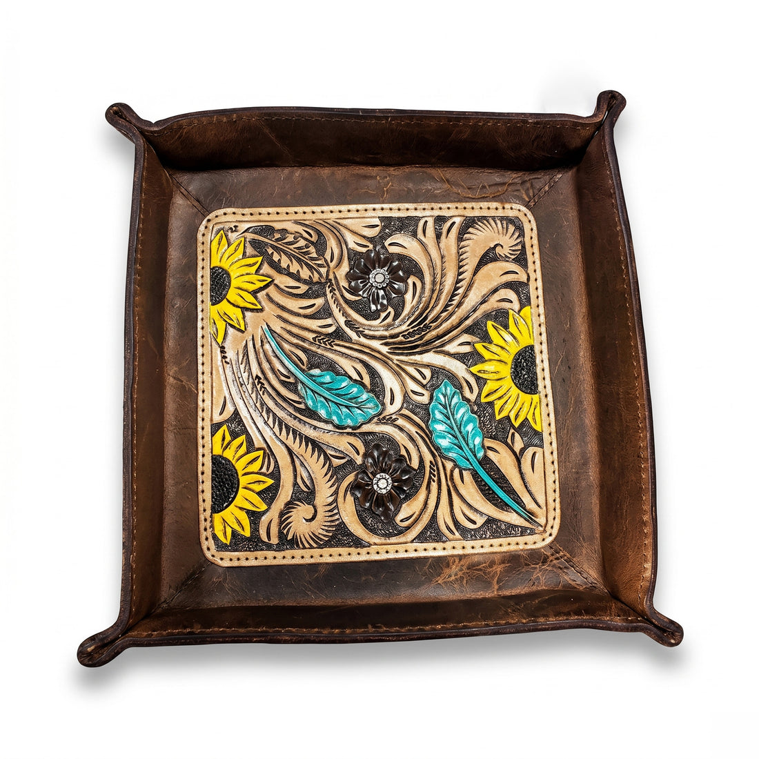 andcrafted Tooled Leather Catchall Tray – Turquoise Western Floral Organizer (6x6)