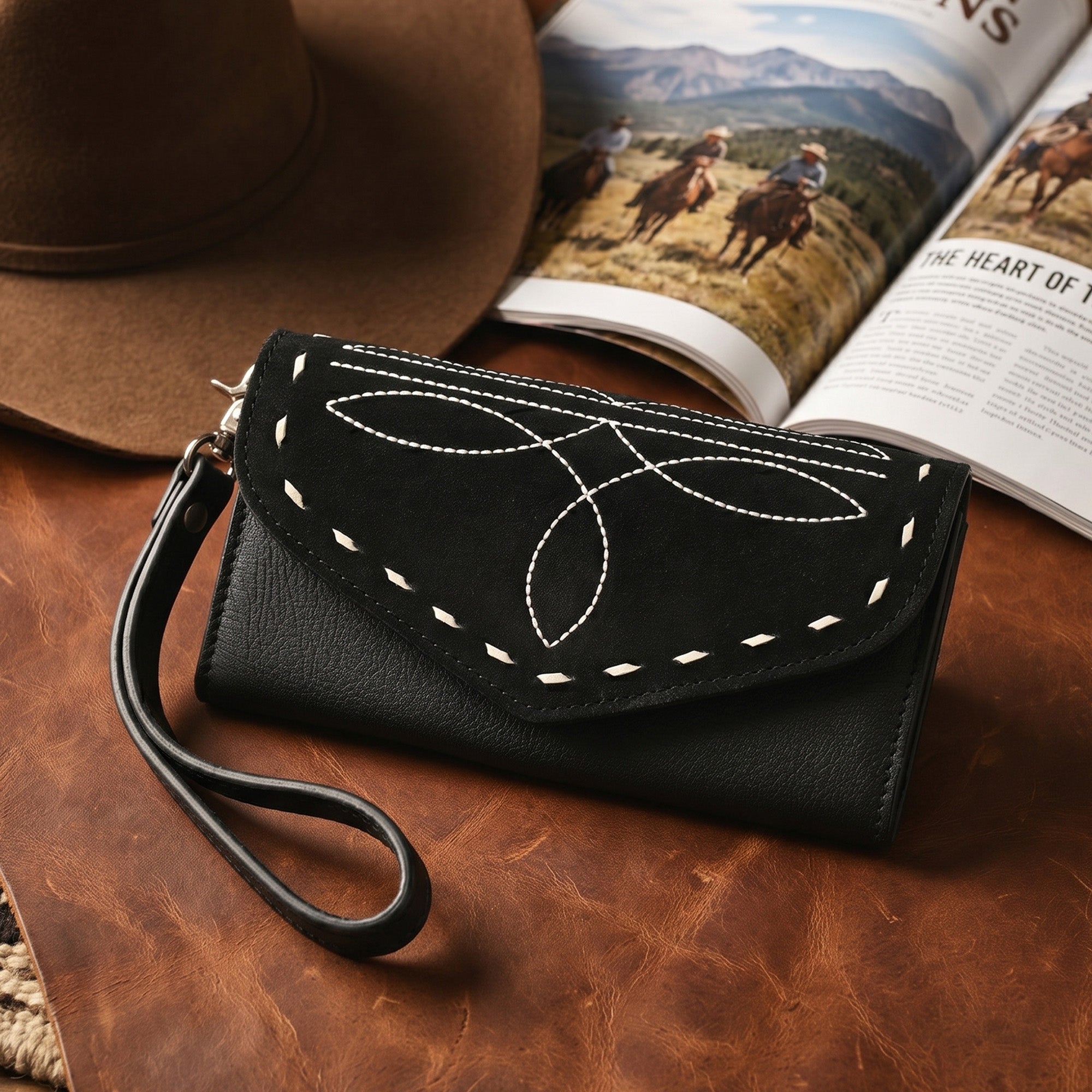 Cowgirl Boot Stitch Leather Wristlet Wallet – Western Style Clutch with Strap