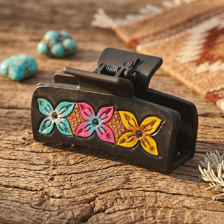 Western Floral Hair Claw Clip – Colorful Leather-Inspired Strong Hold Hair Clamp