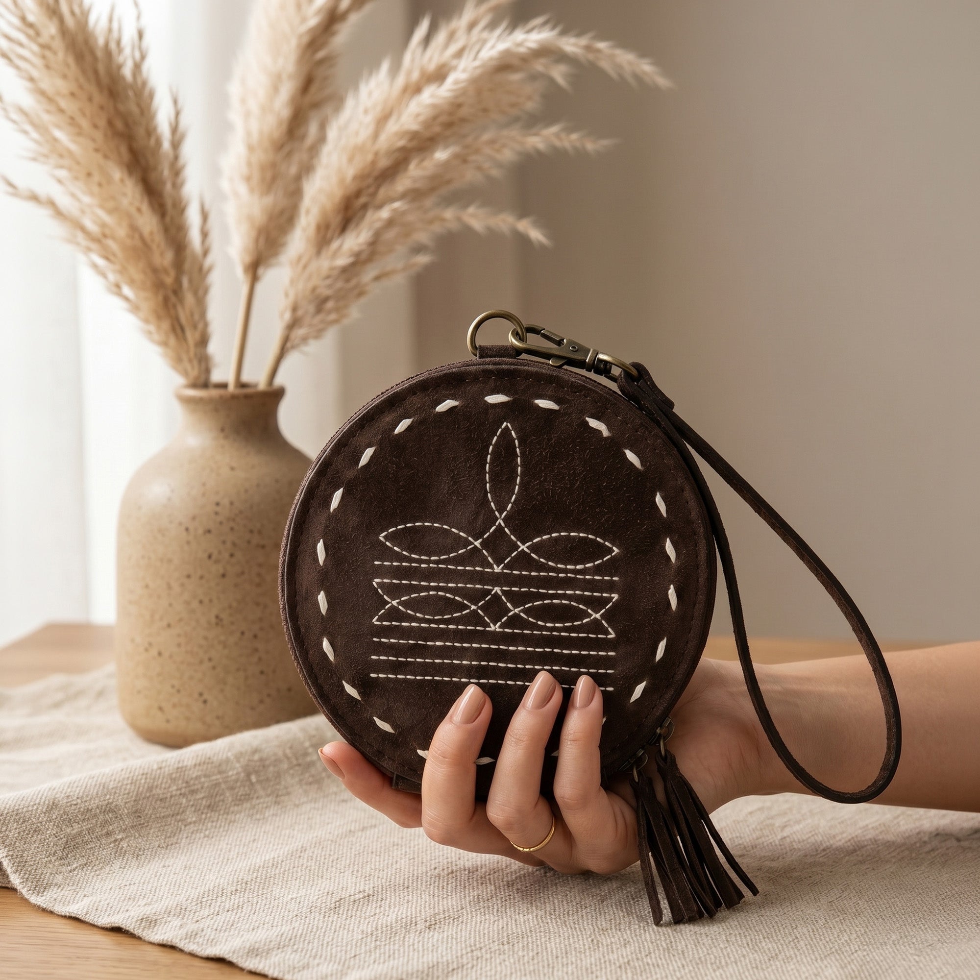 Cowgirl Boot Stitch Wristlet Wallet | Western Leather Round Pouch
