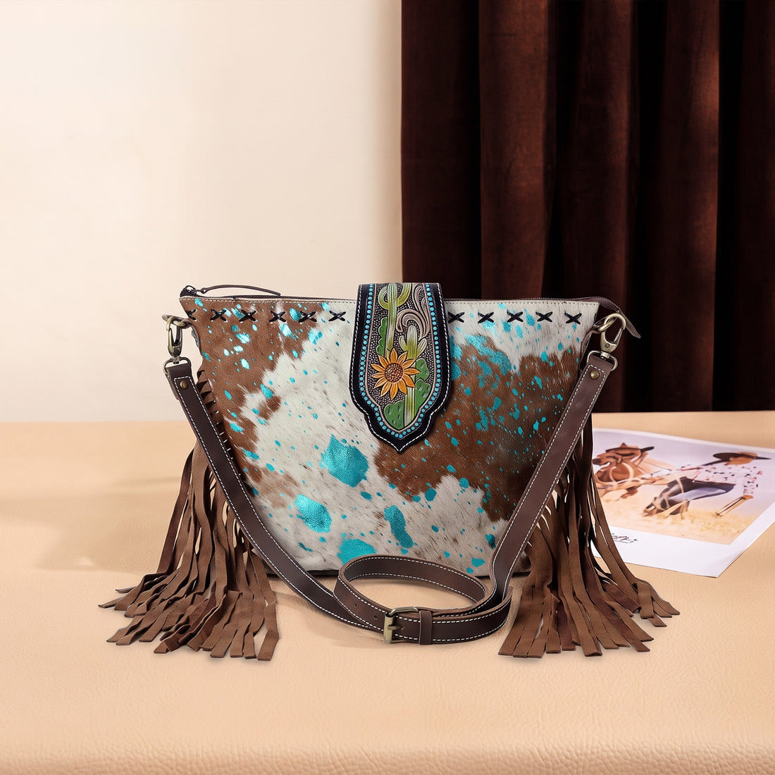 Hazel Blue Crossbody Fringe Bag – Western Cowhide Leather Bag