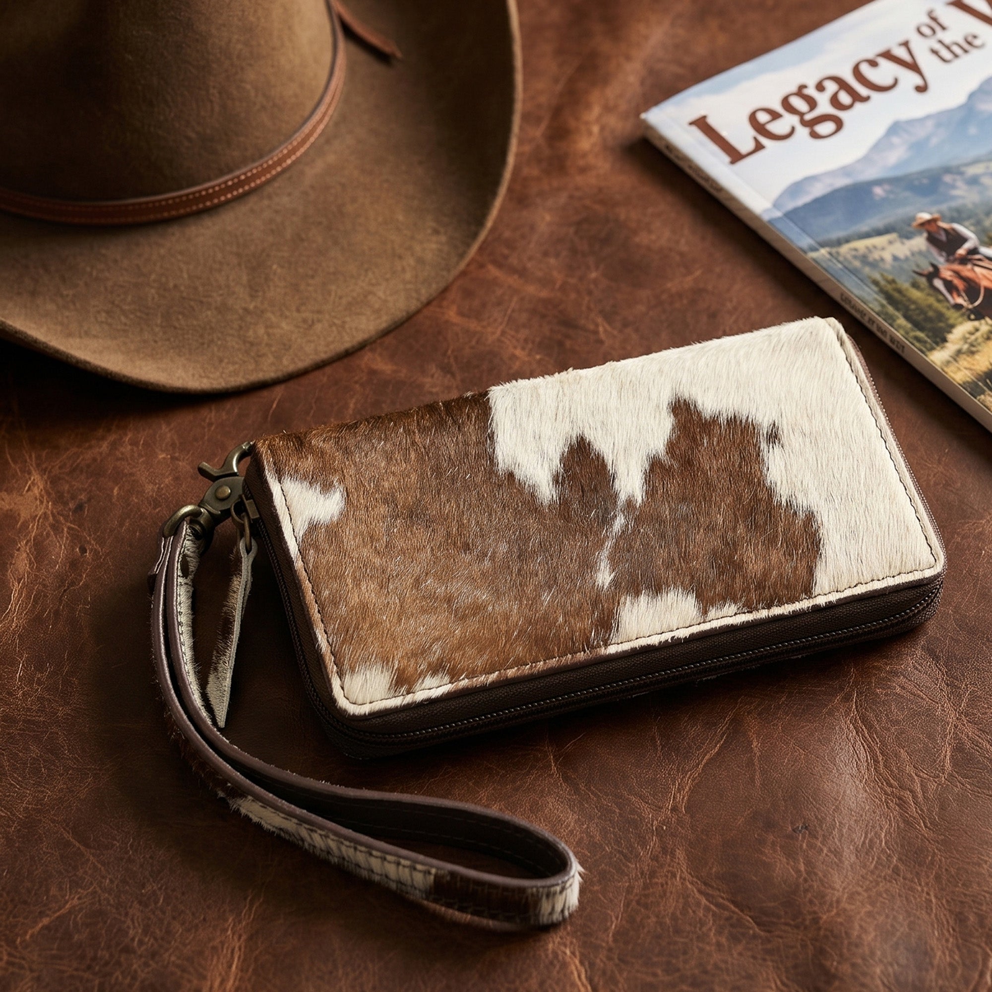 Cowhide Leather Wristlet Wallet – Hair-On Leather Clutch with Zipper & Strap