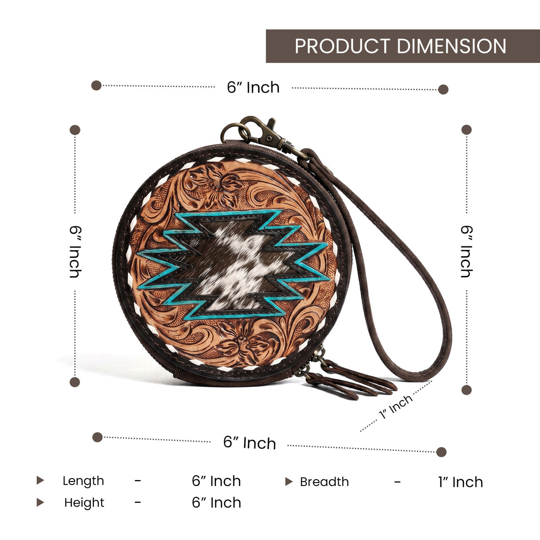 Western Tooled Leather Round Wristlet Wallet with Hair-On Cowhide & Turquoise Aztec Design