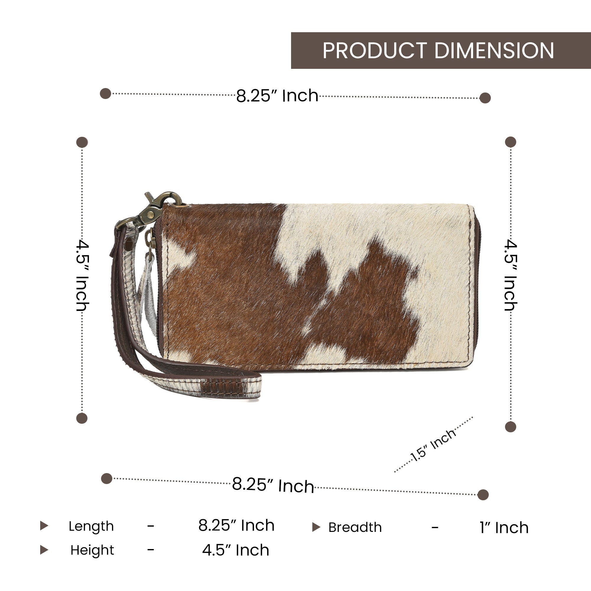 Cowhide Leather Wristlet Wallet – Hair-On Leather Clutch with Zipper & Strap