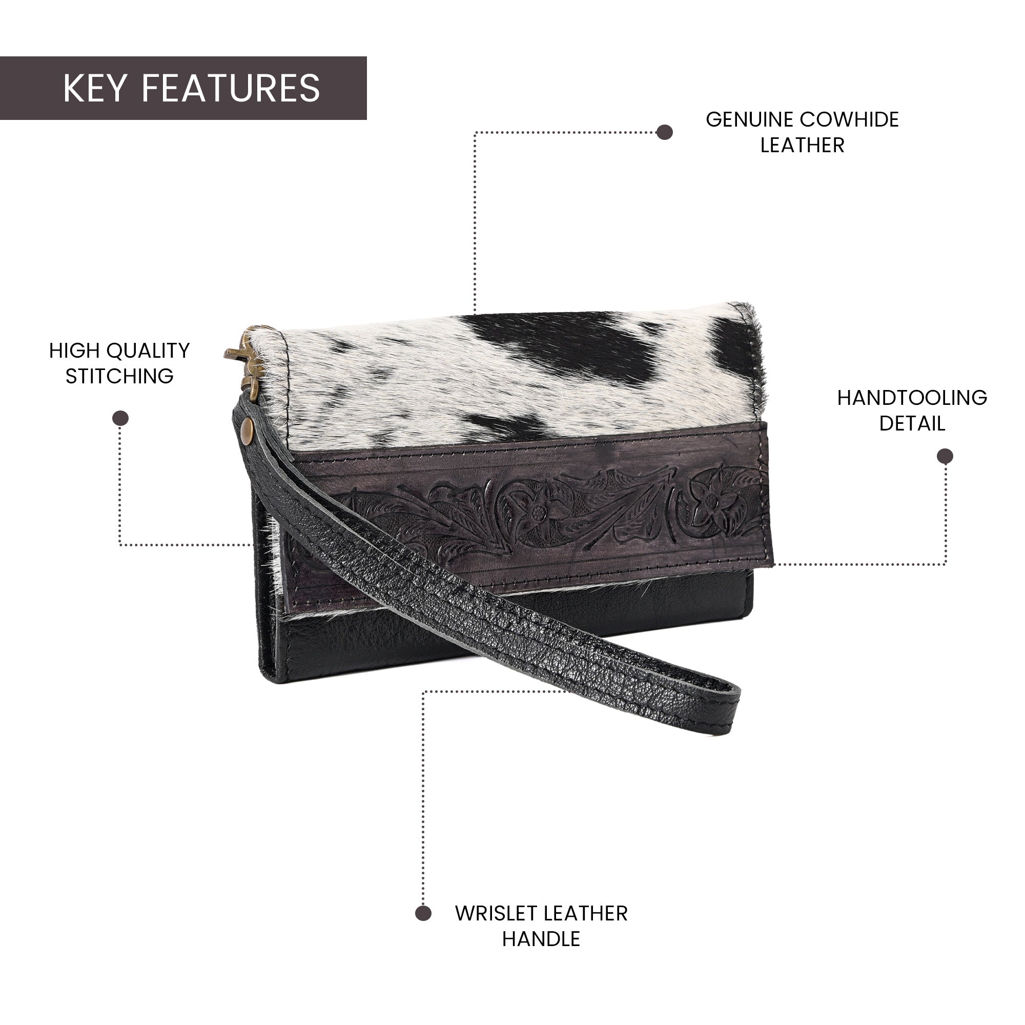 Nester Cowhide Tooled Trifold Wallet Black