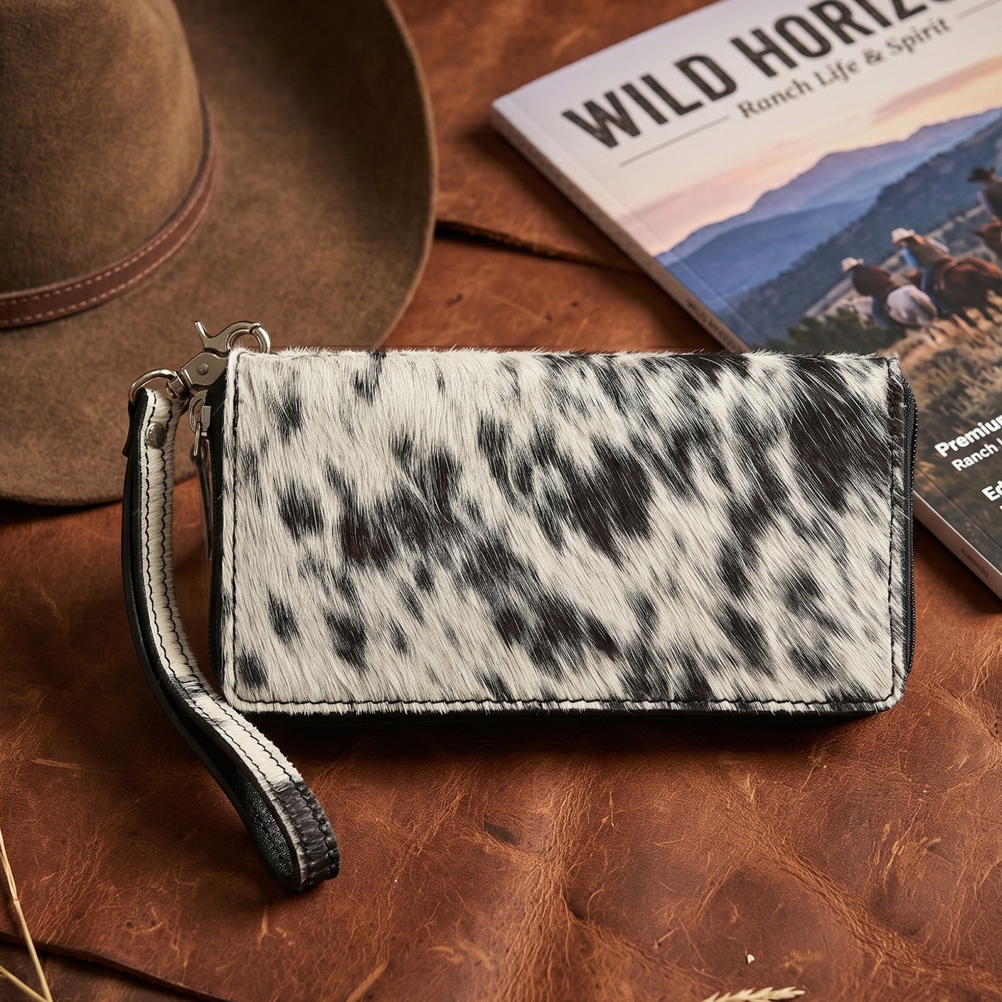 Cowhide Leather Wristlet Wallet – Hair-On Leather Clutch with Zipper & Strap
