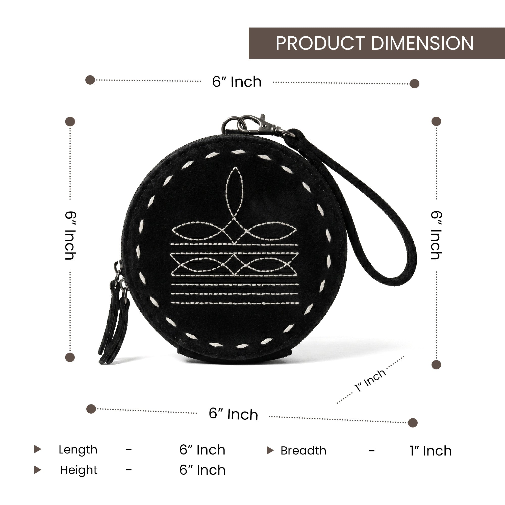 Dimensions of western leather round wristlet wallet measuring 6 inches