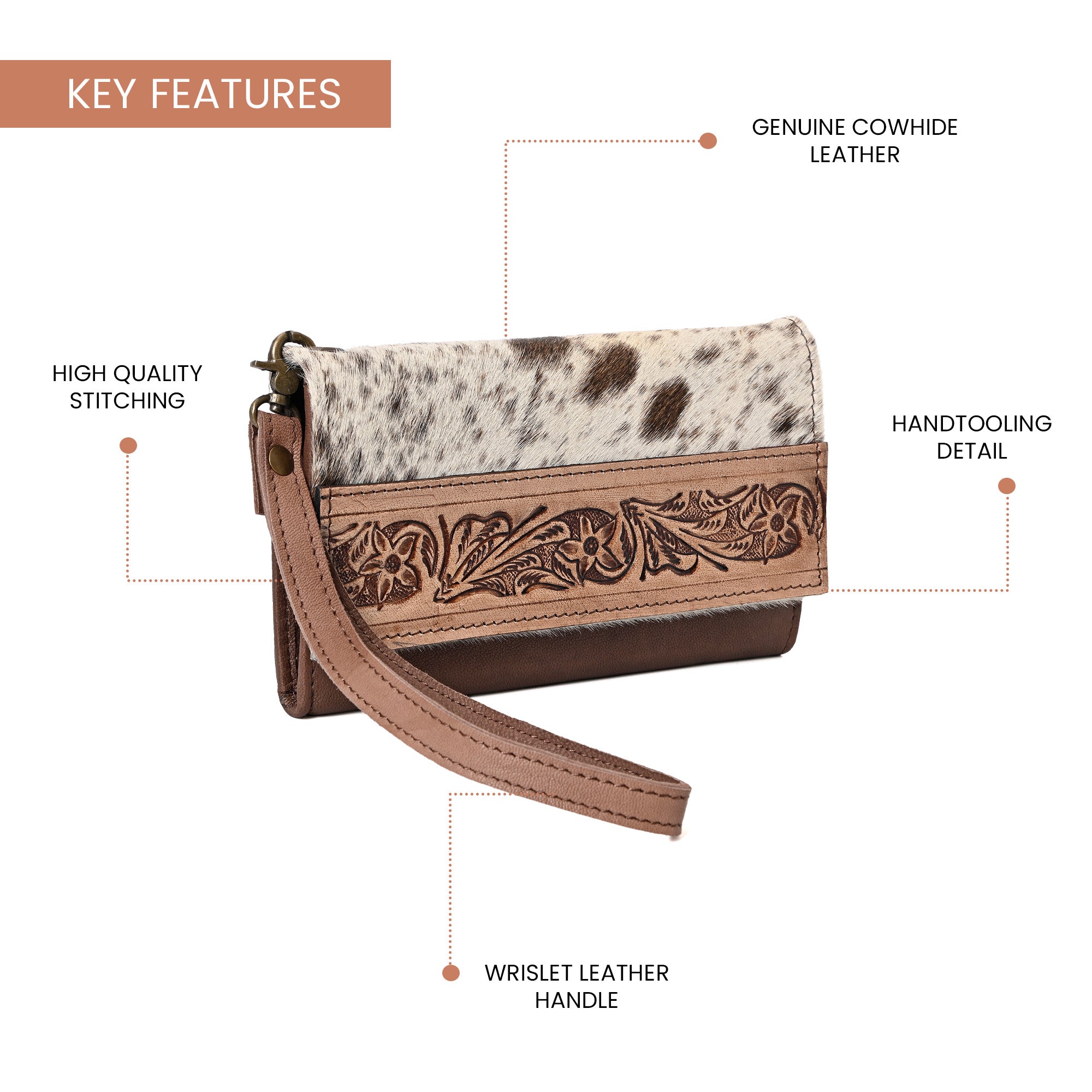 Nester Cowhide Tooled Trifold Wallet Brown