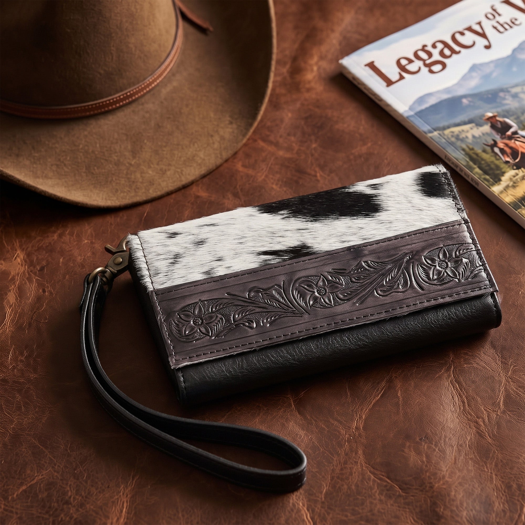 Nester Cowhide Tooled Trifold Wallet Black