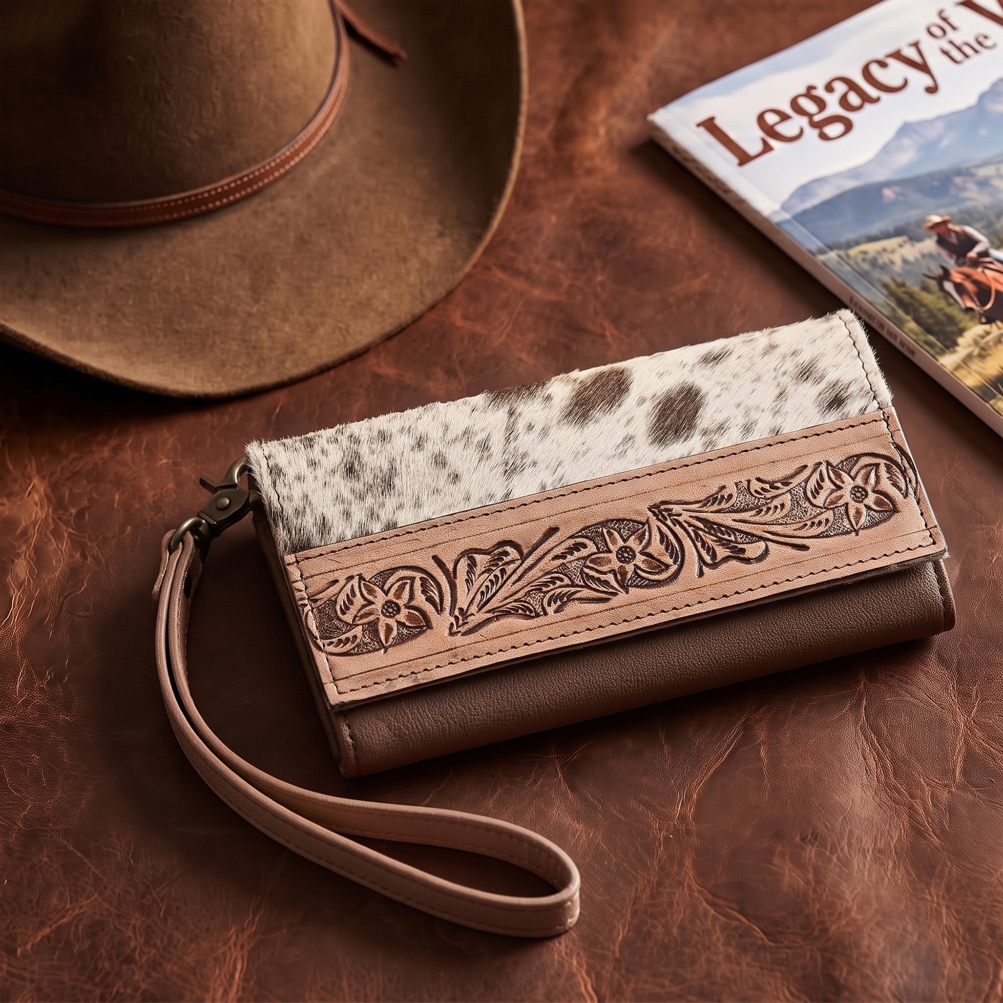 Nester Cowhide Tooled Trifold Wallet Brown