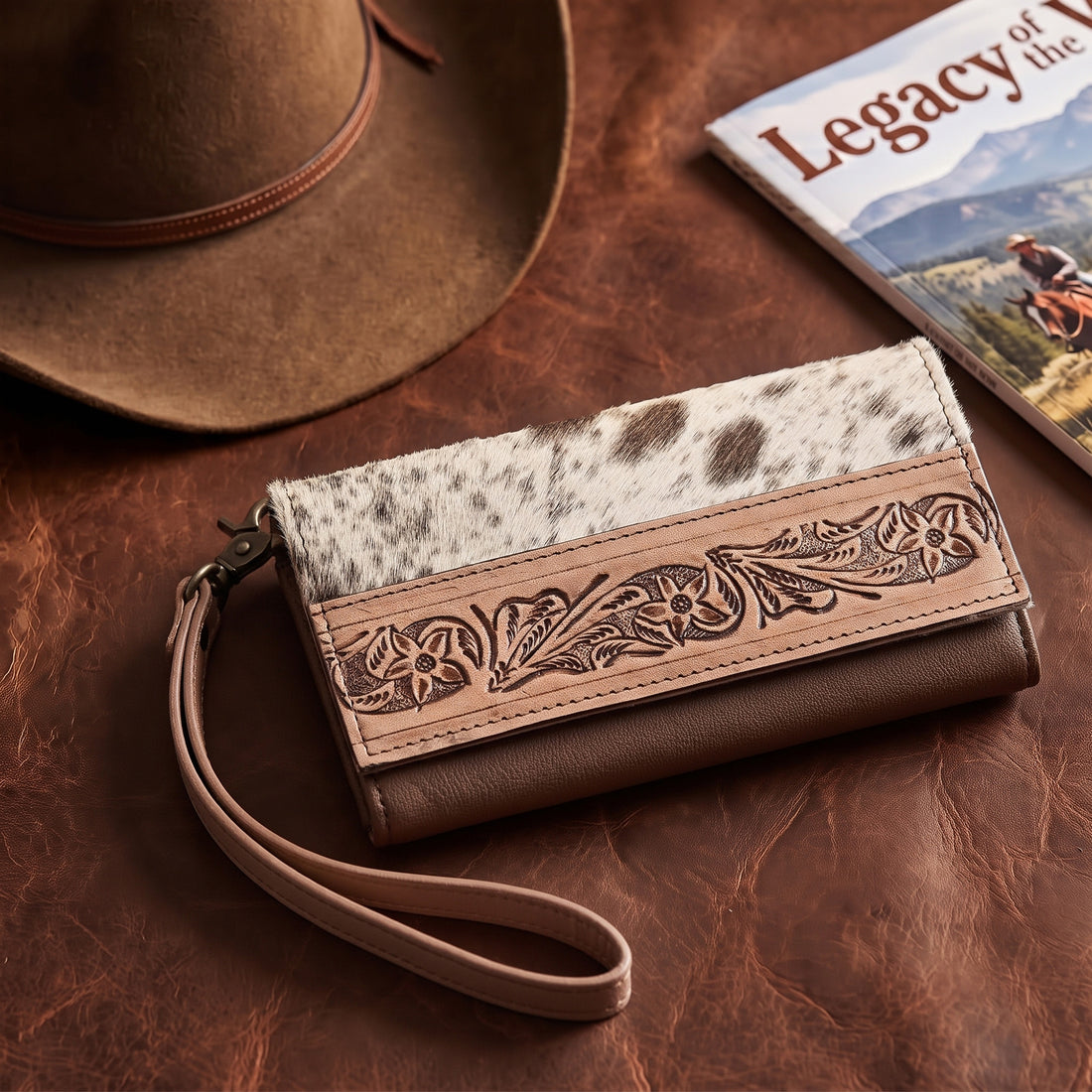 Nester Cowhide Tooled Trifold Wallet Brown