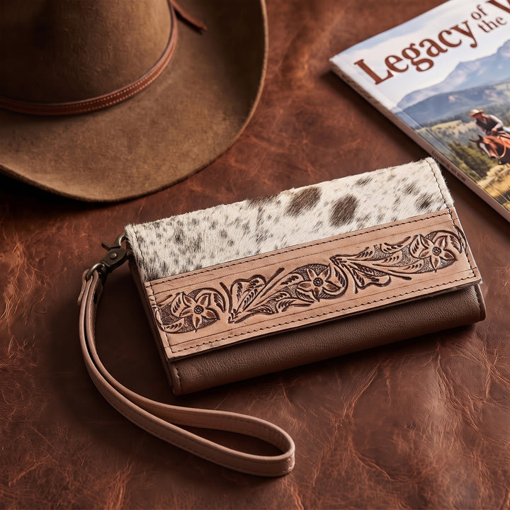 Nester Cowhide Tooled Trifold Wallet Brown