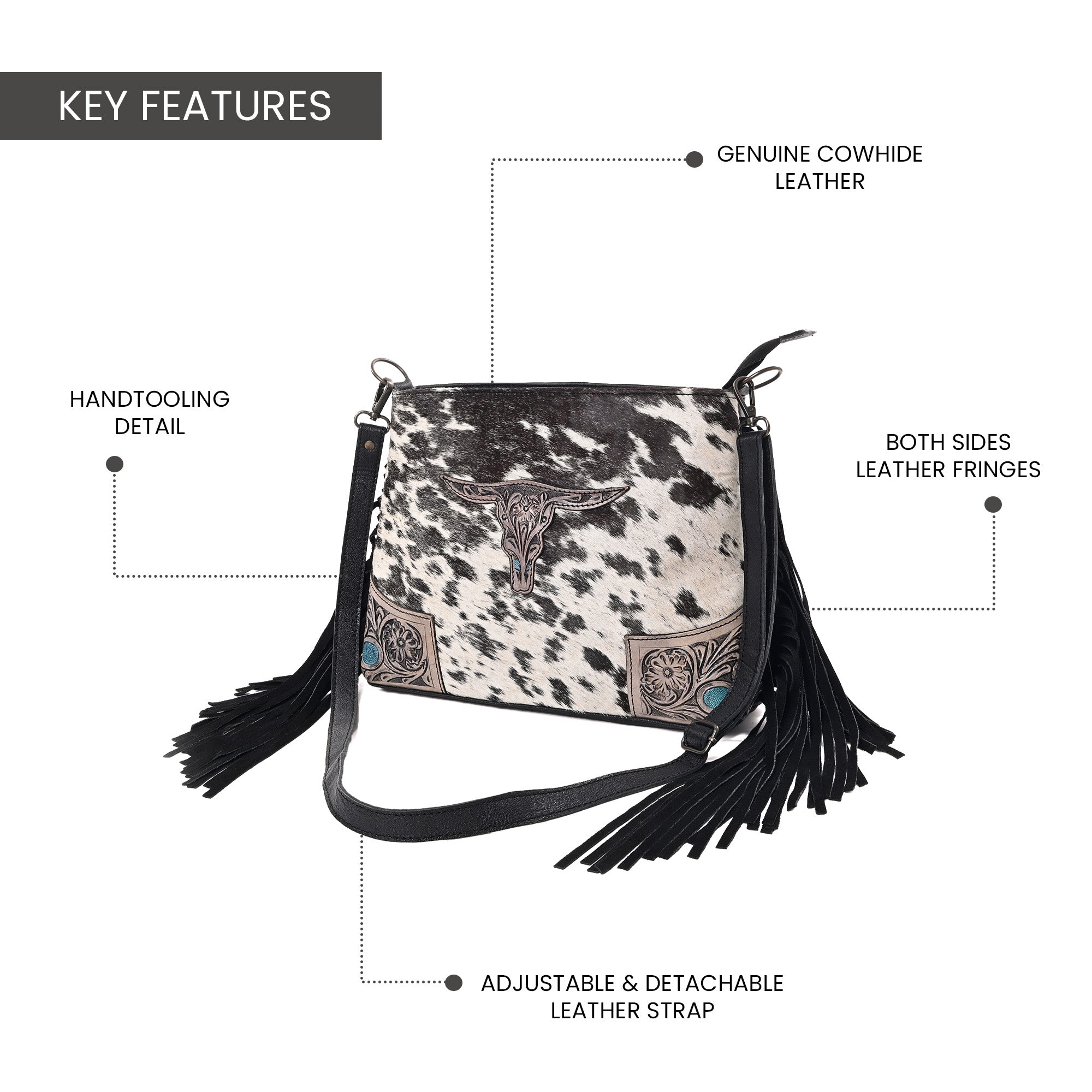 Bull's Eye Fringed Western Cowhide Leather Bag
