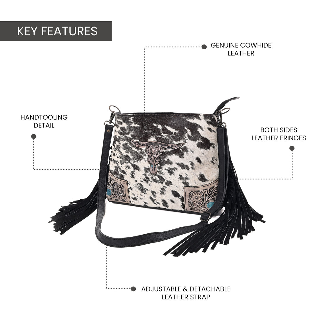 Bull's Eye Fringed Western Cowhide Leather Bag