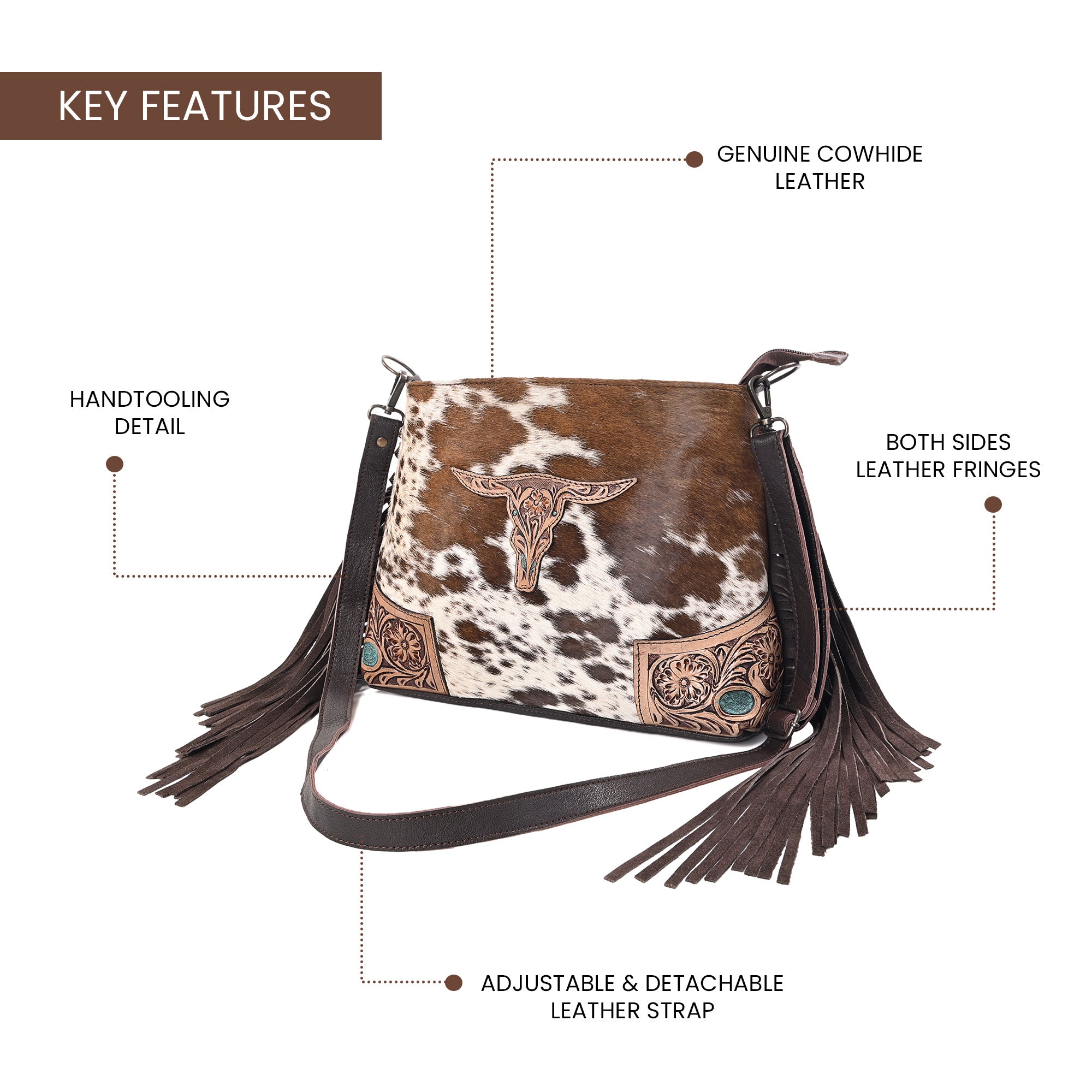 Bull's Eye Fringed  Western Cowhide Leather Bag
