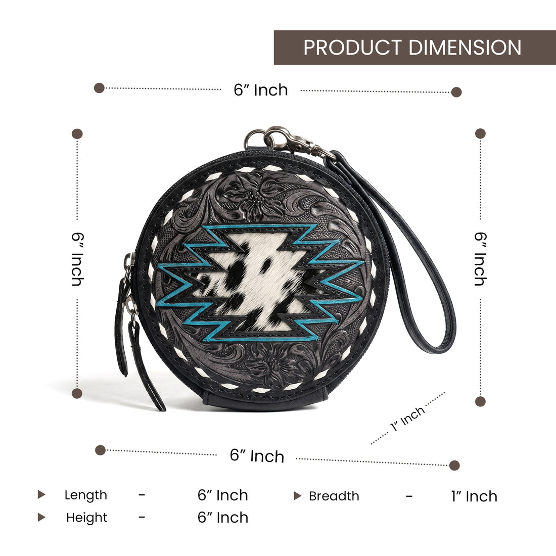 Western Tooled Leather Round Wristlet Wallet with Hair-On Cowhide & Turquoise Aztec Design