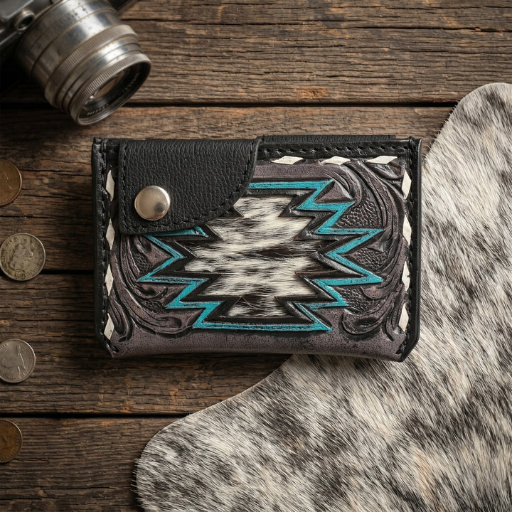 Thunderhide Leather Snap Cardholder – Western Tooled Slim Wallet with Cowhide Detail