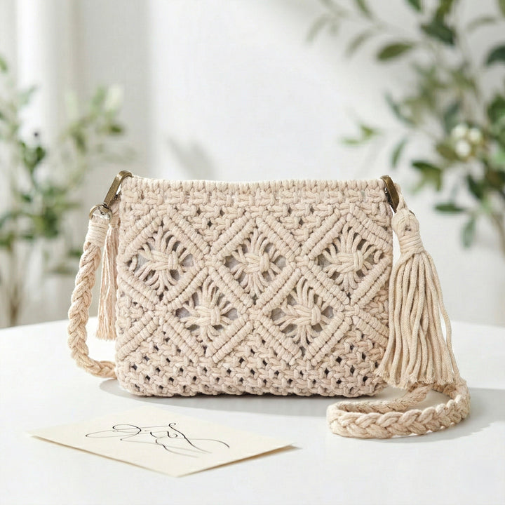 Boho Cotton Macrame Crossbody Bag – Handmade Woven Crochet Purse with Braided Strap and Tassel for Women