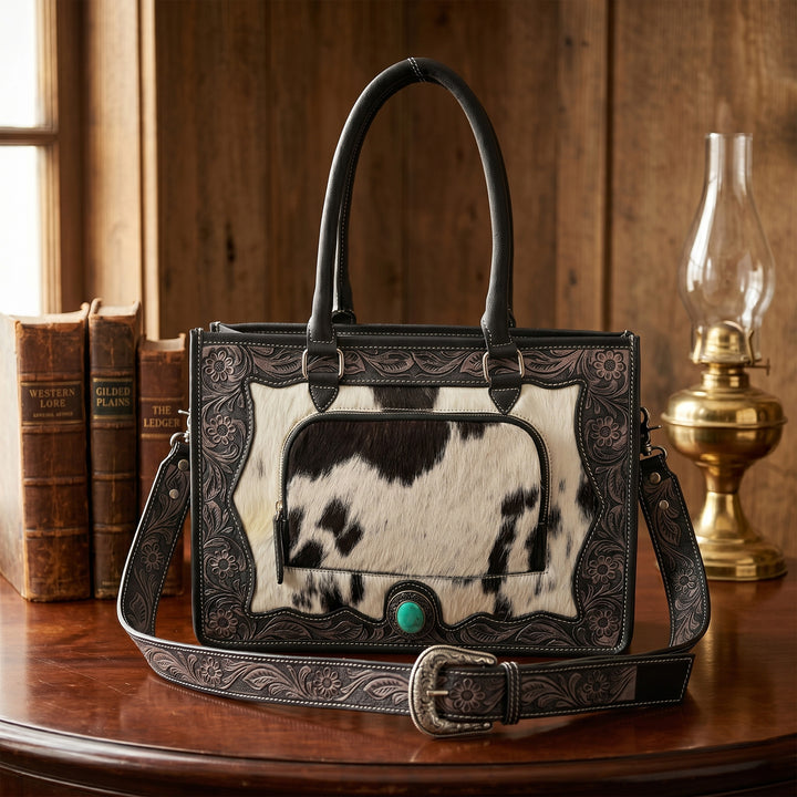 Desert Bloom Western Leather Tote Bag – Cowhide Floral Tooled Handbag with Strap