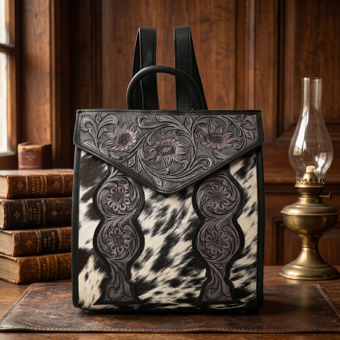 Cowhide Western Bloom Leather Backpack – Floral Tooled Hair-On Leather Bag