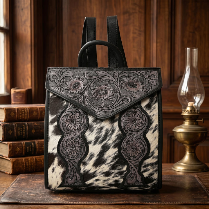 Cowhide Western Bloom Leather Backpack – Floral Tooled Hair-On Leather Bag
