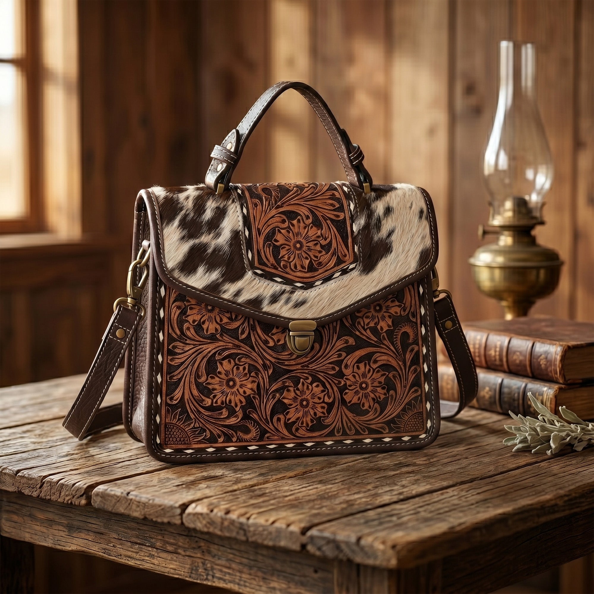 Cowhide Floral Ranger Leather Bag – Western Tooled Handbag with Crossbody Strap