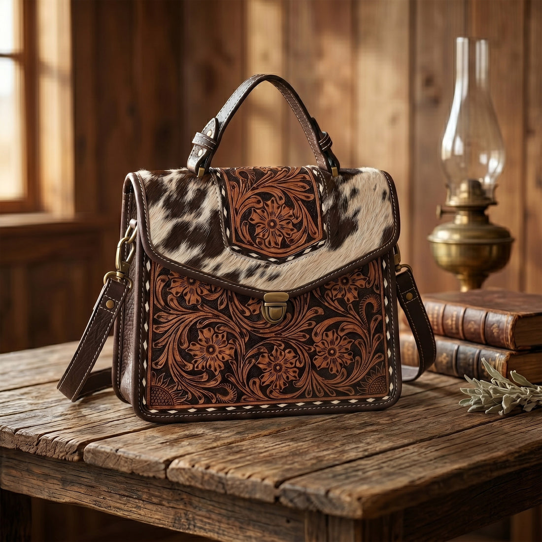 Cowhide Floral Ranger Leather Bag – Western Tooled Handbag with Crossbody Strap