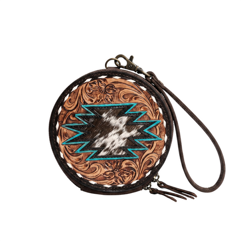 Western Tooled Leather Round Wristlet Wallet with Hair-On Cowhide & Turquoise Aztec Design