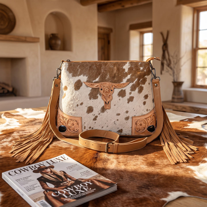 Bull's Eye Fringed  Western Cowhide Leather Bag