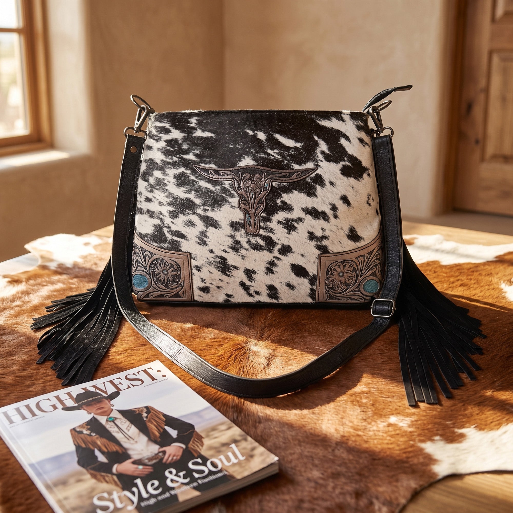 Bull's Eye Fringed Western Cowhide Leather Bag